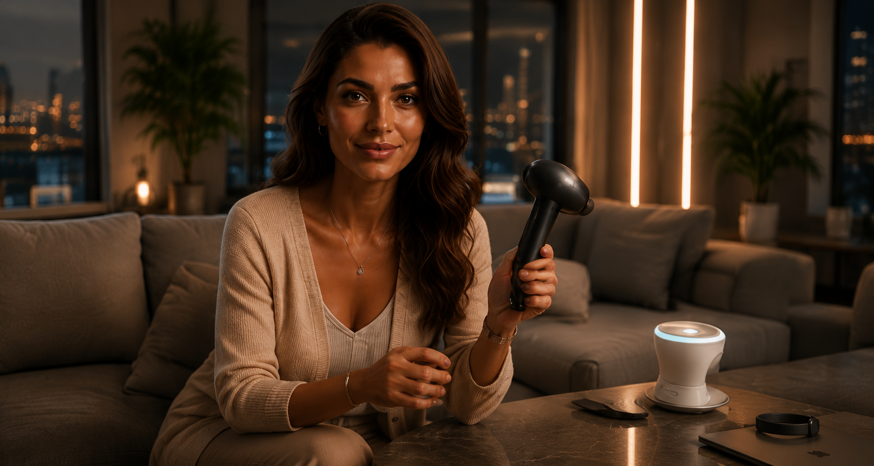 Avatar Kaira AI présentant un objet connecté dans un salon
