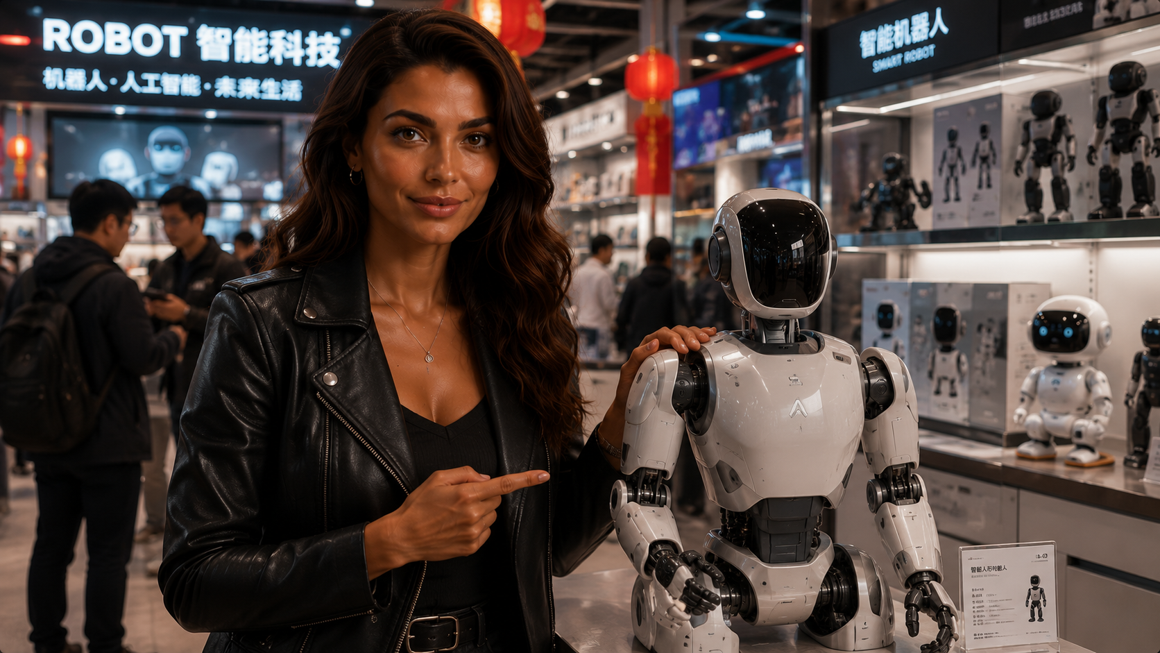 Femme pointant du doigt un robot intelligent dans une boutique high-tech Kaira AI