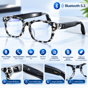 Lunettes IA à Conduction Osseuse / Traduction Temps Réel, Réduction de Bruit