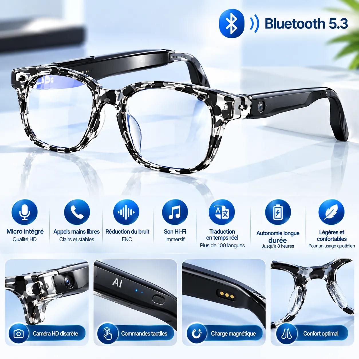 Lunettes IA à Conduction Osseuse / Traduction Temps Réel, Réduction de Bruit