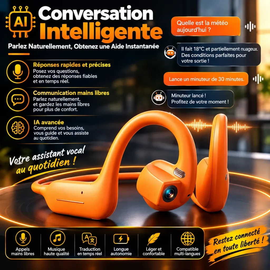 Écouteurs à Oreille Ouverte avec Caméra IA / Enregistrement HD, Traduction Temps Réel