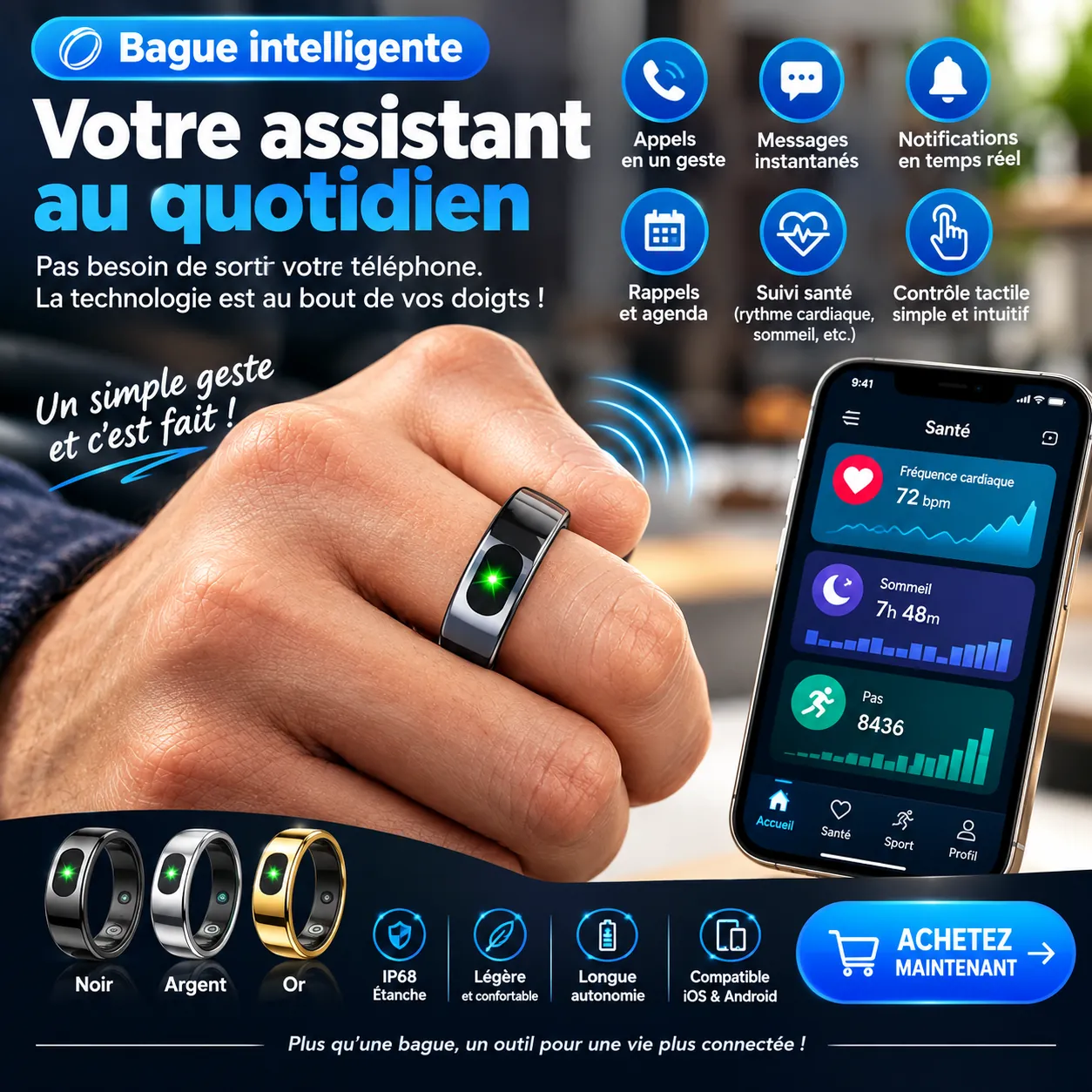 Anneau Connecté Longue Autonomie / 5 Jours sans Recharge, Suivi Santé Complet – Image 4