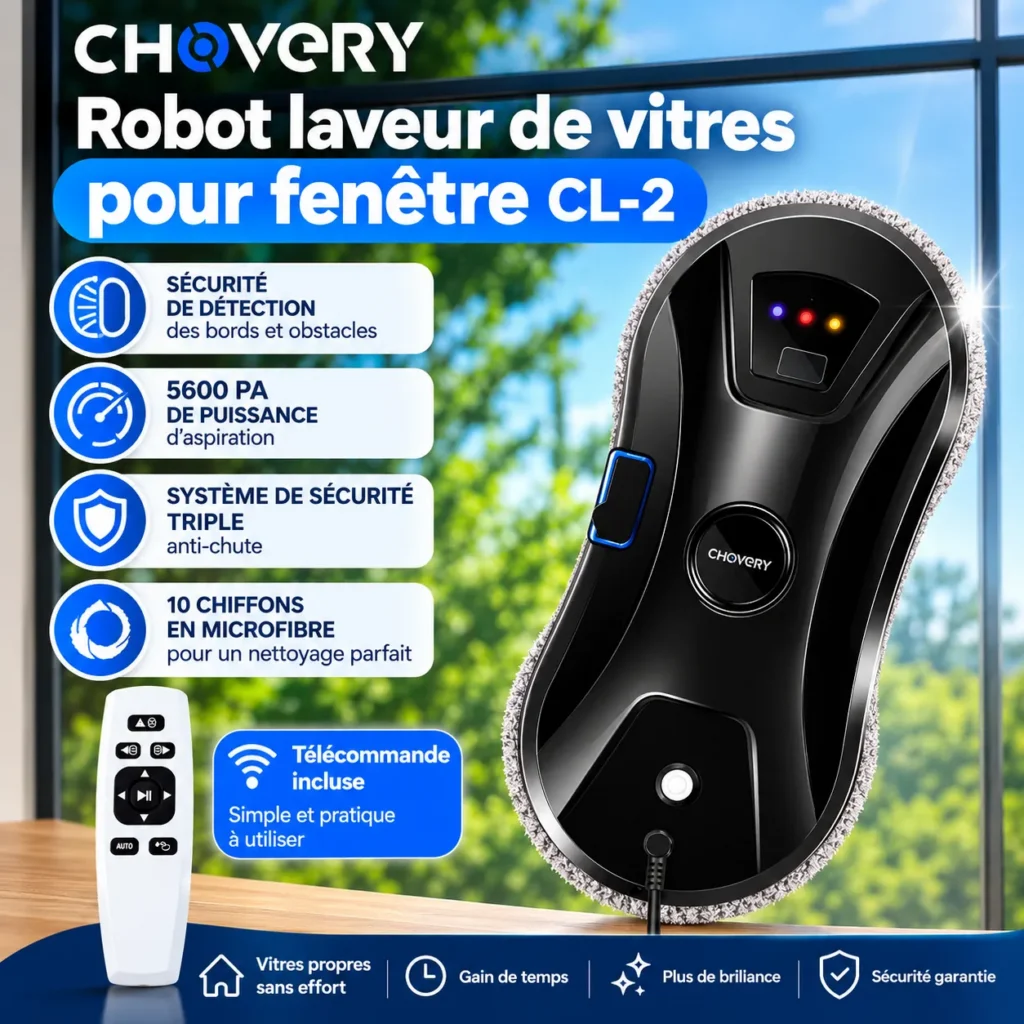 Robot Nettoyeur de Vitres IA / Vitres Impeccables Sans Effort, Télécommande